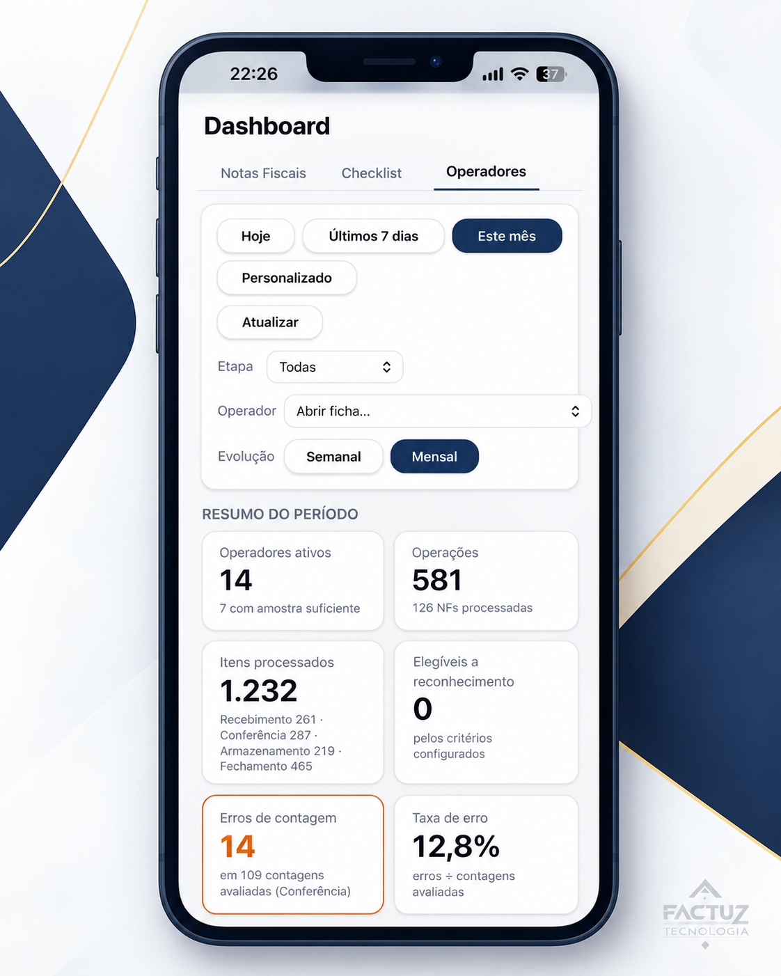 Material de apresentação do dashboard de operadores, com filtros e indicadores